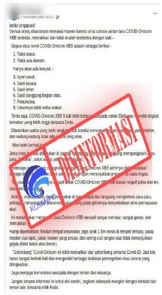 [DISINFORMASI] Covid-19 Subvarian Omicron XBB 5 Kali Lebih Beracun dan Mematikan daripada Varian Delta